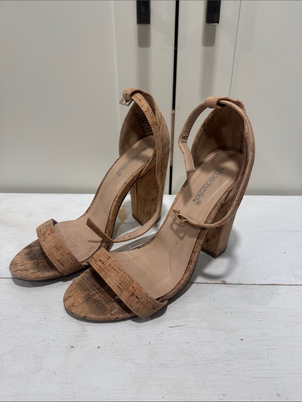 Cork Block Heel Ankle Strap Sandals - Nude